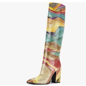 FSJ Quicksand Knee High Stretch Long Boots Round Toe Chunky Heel Pull On Shoes